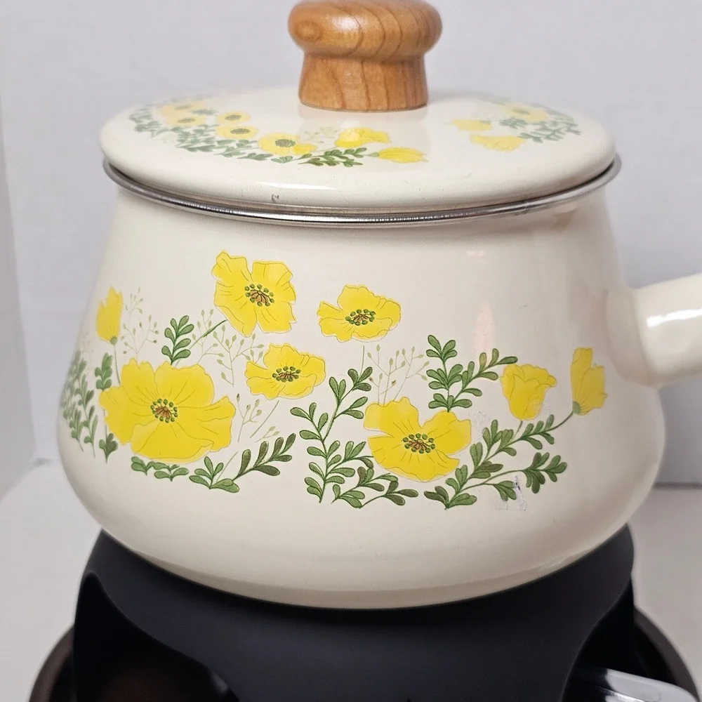MCM 1970s Enamel Fondue Pot Cottagecore Yellow Floral Poppies Japan Analog